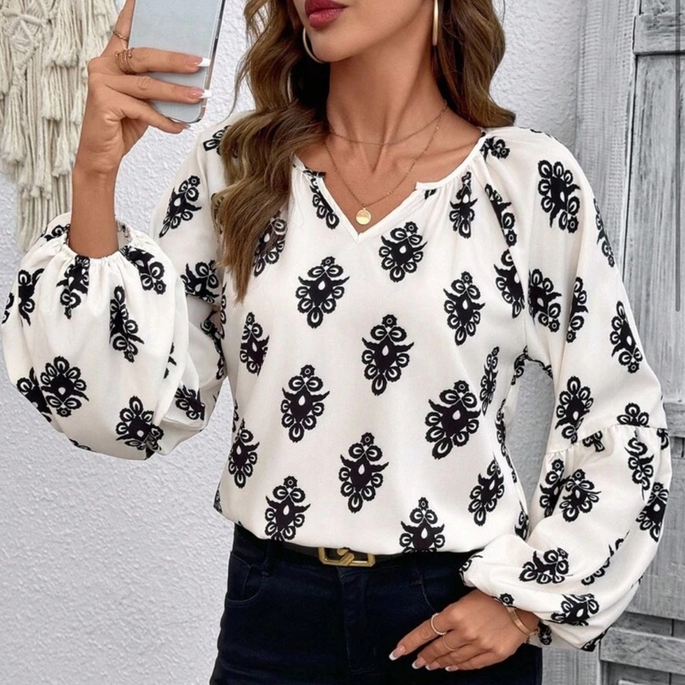 Womens 🔥 Printed Balloon Sleeve Blouse